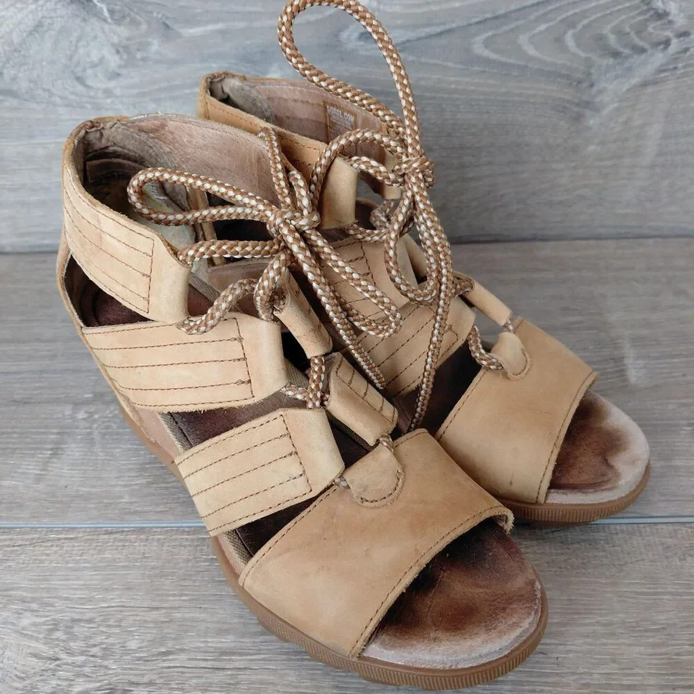 SOREL Sandals Womens 6.5 Tan Joanie II Leather Strappy Lace Up Wedge Heel Shoes